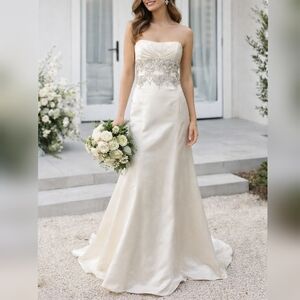 Rivini Ivory Crystal Embroidered Strapless Silk Blend Wedding Dress sz 10